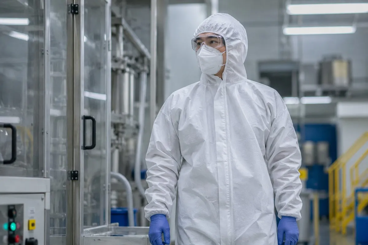 white microporous disposable protective coverall in industrial environment white microporous disposable protective coverall in industrial environment
