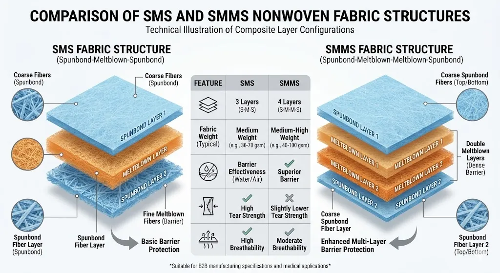 SMS fabric structure versus SMMS fabric structure SMS fabric structure versus SMMS fabric structure