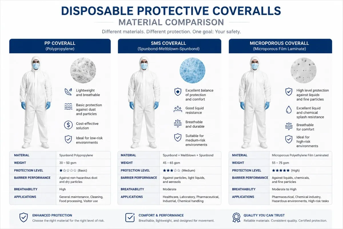 PP coverall VS SMS coverall VS microporous coverall PP coverall VS SMS coverall VS microporous coverall